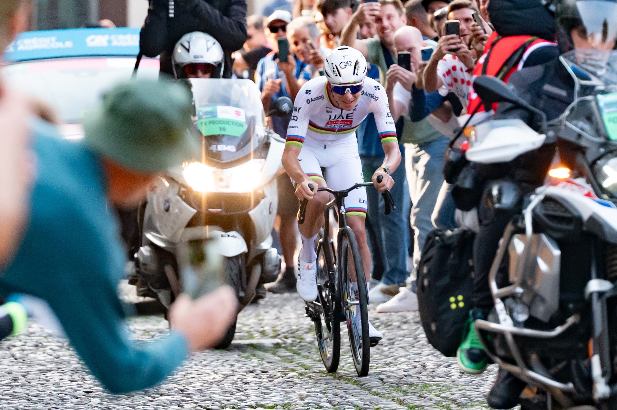 Tadej Pogacar (UAE Team Emirates) participates in Il Lombardia 2025 in Bergamo, Italy, on October 11, 2025 (Photo by Silvia Colombo/NurPhoto).