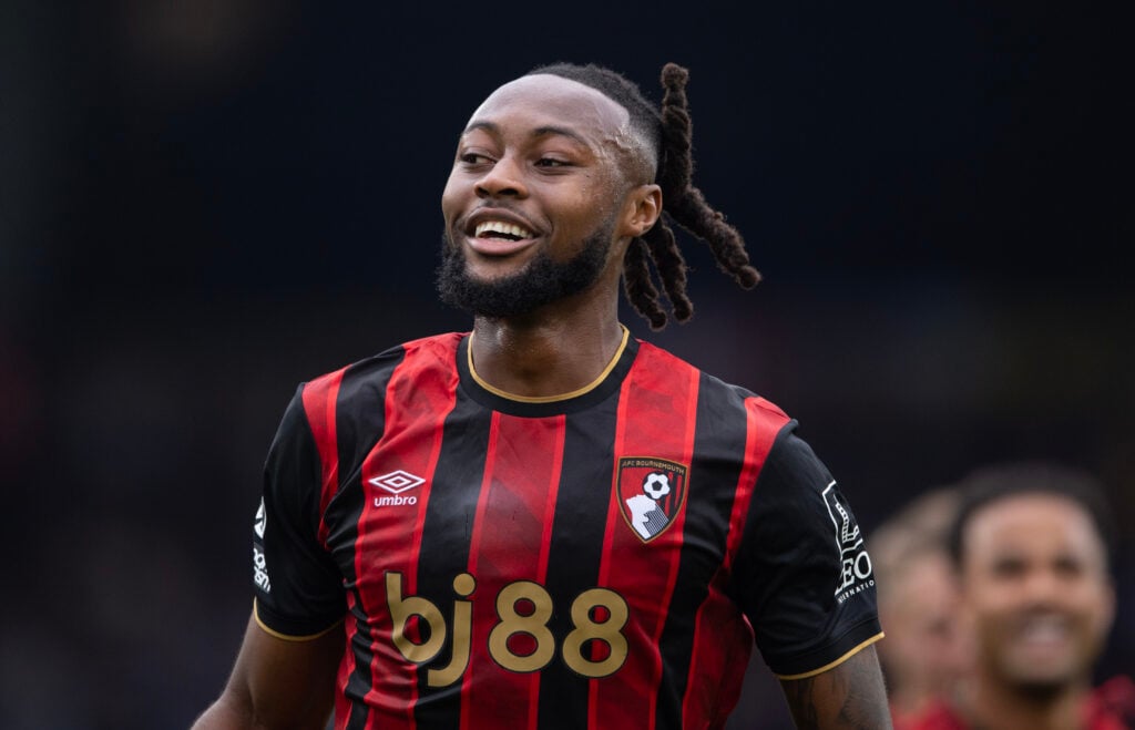 Antoine Semenyo of AFC Bournemouth celebrates scoring during the Premier League match between Leeds United and Bournemouth at Elland Road