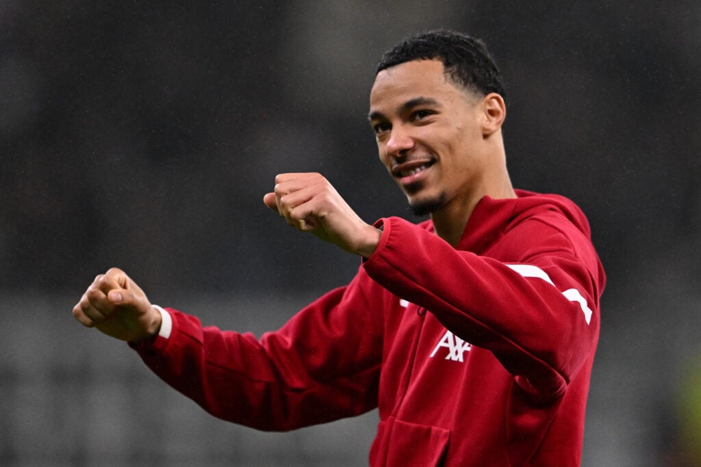 Liverpool's French striker #22 Hugo Ekitike celebrates after the UEFA Champions League football match between Eintracht Frankfurt and Liverpool FC in Frankfurt