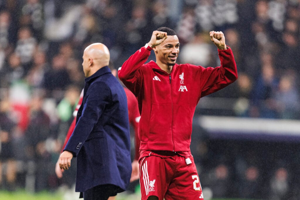 Hugo Ekitike celebrates towards travelling Liverpool fans after Eintracht Frankfurt win