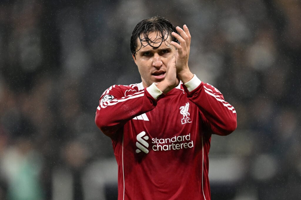Federico Chiesa of Liverpool acknowledges the fans after the team's victory during the UEFA Champions League 2025/26 League Phase MD3 match between Eintracht Frankfurt and Liverpool FC at Frankfurt Stadion.
