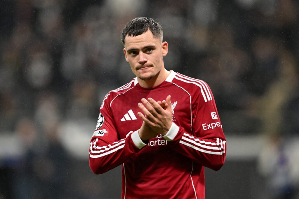 Florian Wirtz claps the travelling Liverpool fans at Eintracht Frankfurt v Liverpool FC - UEFA Champions League 2025/26 League Phase MD3