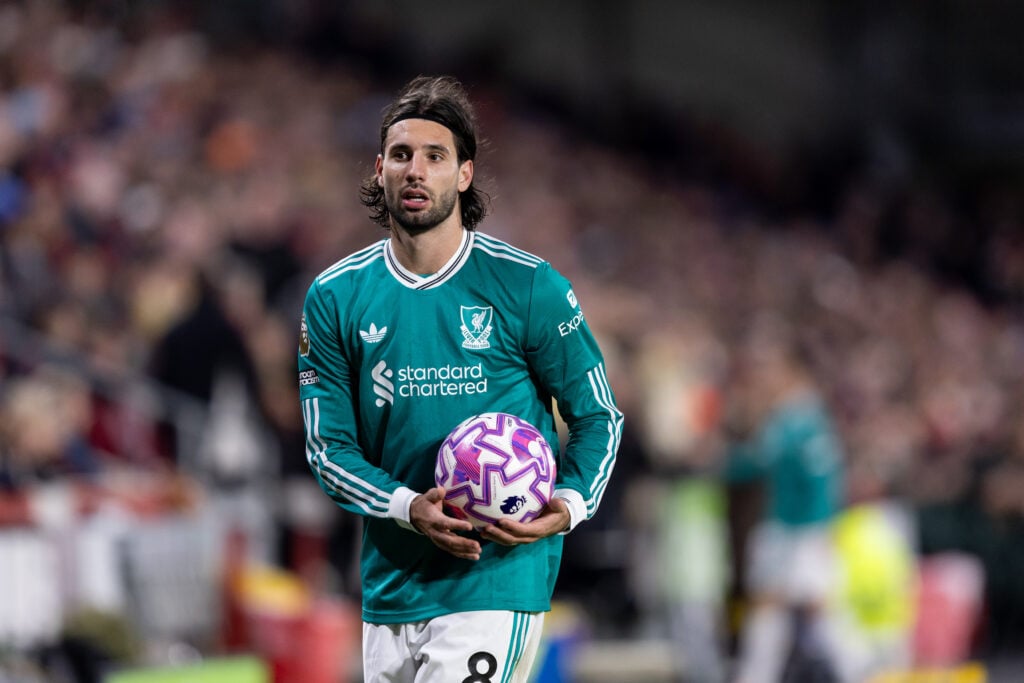Dominik Szoboszlai pictured playing for Liverpool in their Premier League game against Brentford.