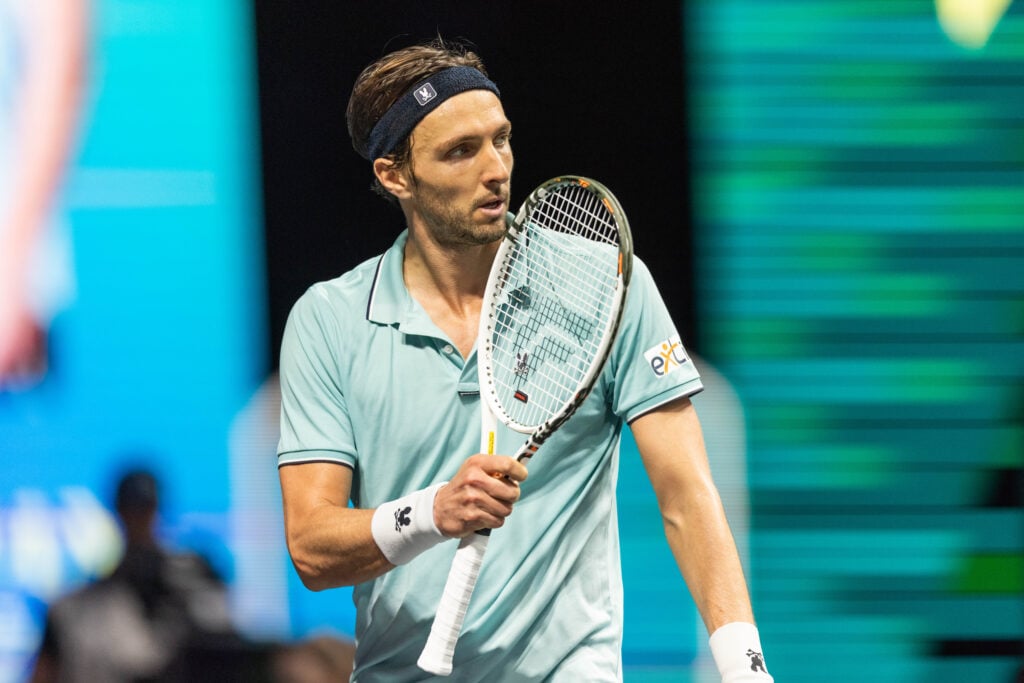 Arthur Rinderknech plays against Fabian Marozsan (HUN) in his men's singles match on day one of the Paris ATP Masters 1000 tennis tournament at the Paris La Defense Arena in Nanterre.