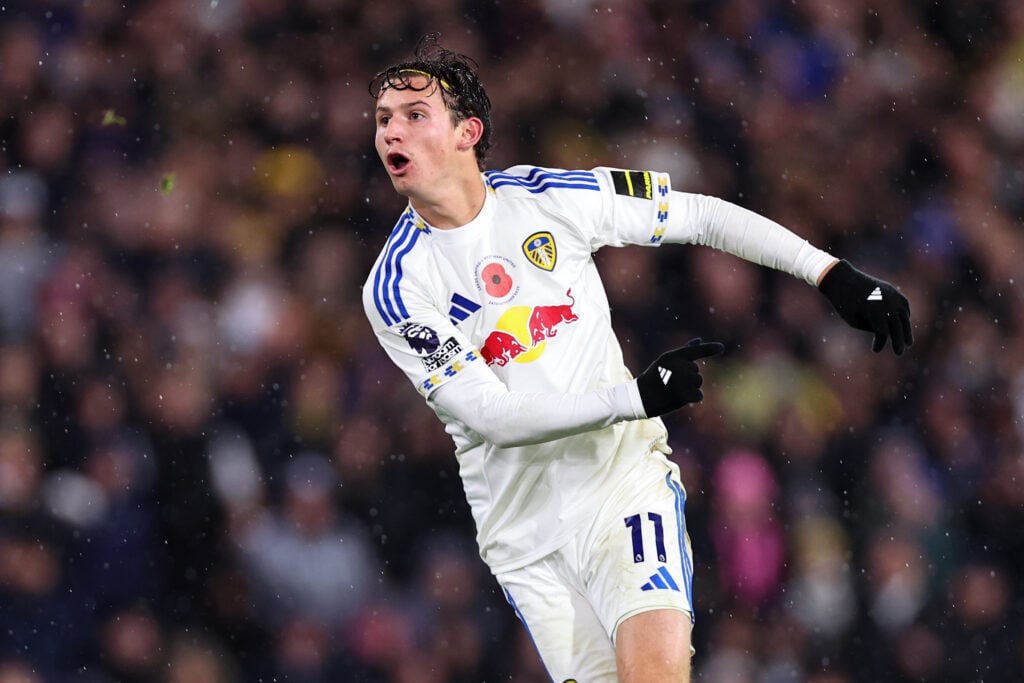 Brenden Aaronson in action for Leeds during a Premier League clash against West Ham