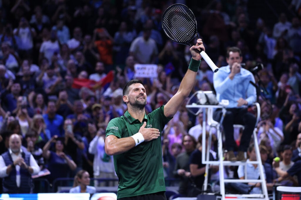 Novak Djokovic celebrates after beating Alejandro Tabilo at the 2025 Hellenic Championships.