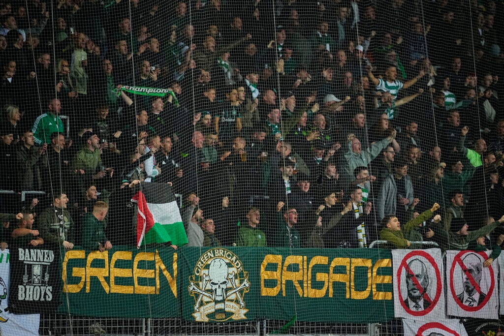 Fans from Celtic FC cheer their team before the UEFA Europa League football match between FC Midtjylland and Celtic FC in Herning.