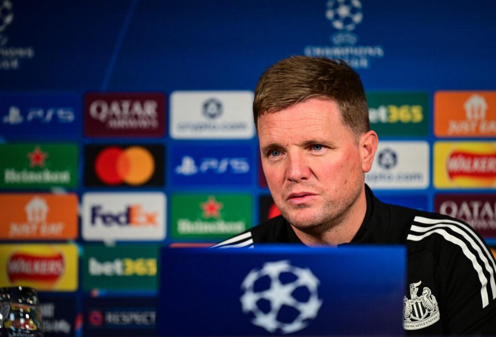 Eddie Howe speaks to the media before a Newcastle United Champions League game.