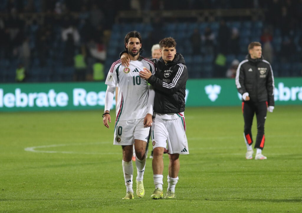 Dominik Szoboszlai and Milos Kerkez of Hungary after the FIFA World Cup 2026 qualifier match between Armenia and Hungary at Vazgen Sargsyan Republican Stadium