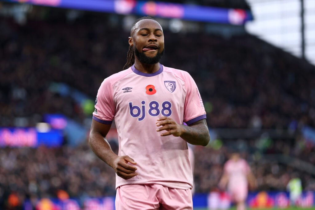 Antoine Semenyo of Bournemouth reacts after missing a penalty during the Premier League match between Aston Villa and Bournemouth at Villa Park.
