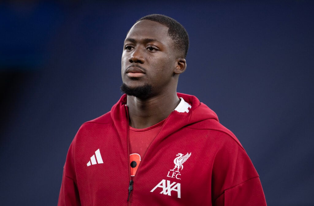 Ibrahima Konate of Liverpool lines up before the Premier League match between Manchester City and Liverpool at Etihad Stadium