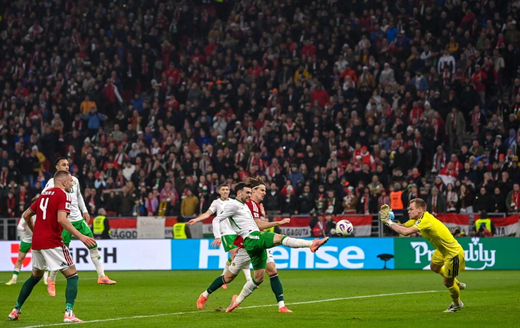 Troy Parrott scores during Hungary v Republic of Ireland - FIFA World Cup 2026 Qualifier