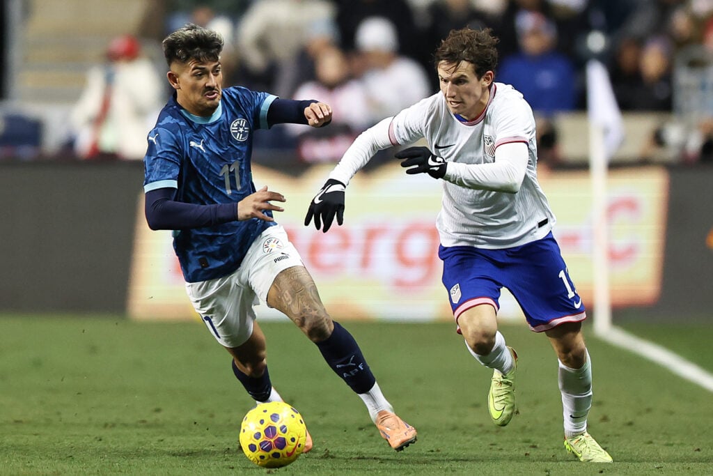 Brenden Aaronson in action for the United States against Paraguay.