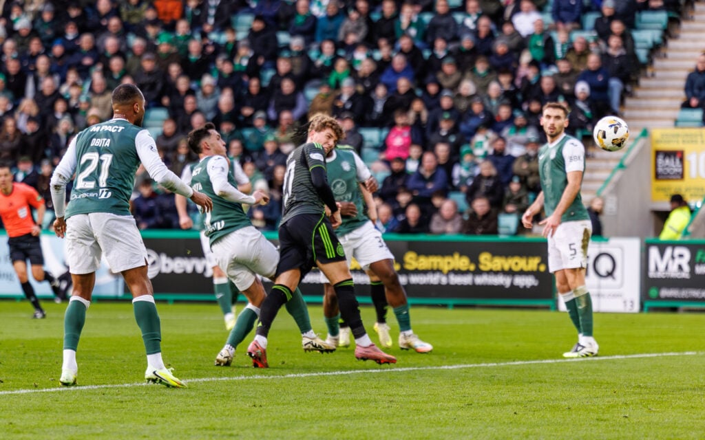 Arne Engels scores Celtic's second goal against Hibernian