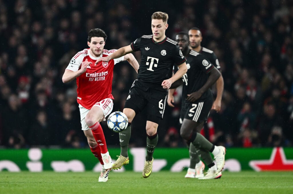 Joshua Kimmich of Bayern Munich is challenged by Declan Rice of Arsenal