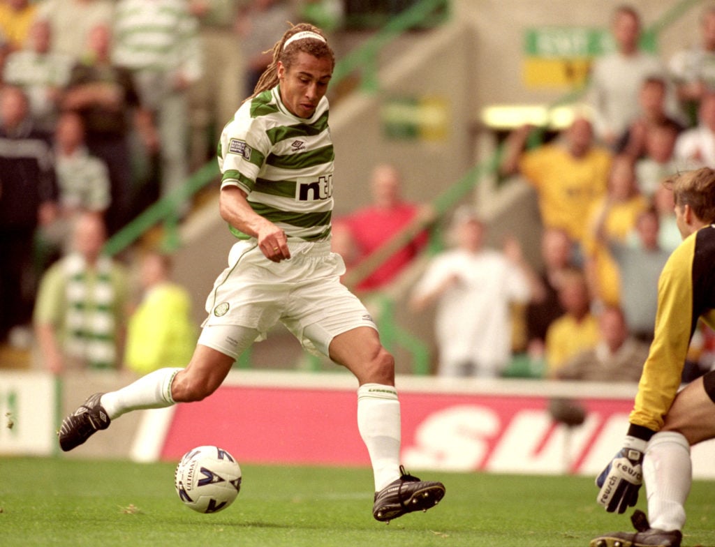 Henrik Larsson in action for Celtic during their 6-2 win over Rangers.