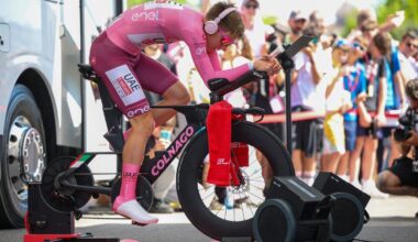 DESENZANO DEL GARDA, ITALY - MAY 18: Tadej Pogacar of Slovenia and UAE Team Emirates and Pink Leader Jersey warms up during the 107th Giro d