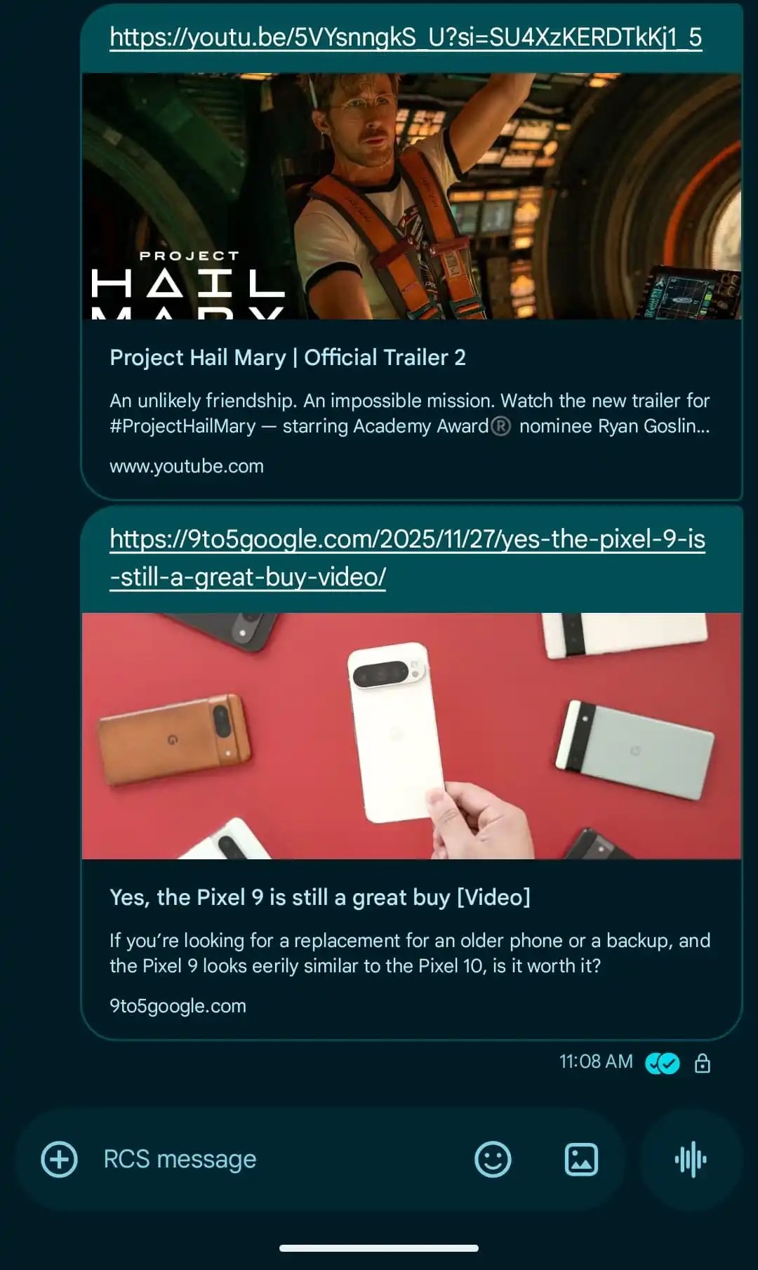 google messages link youtube video previews old design comparison