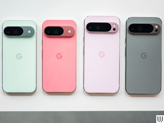 4 mobile phones, face down, camera side up, side by side in teal, pink, light pink and grey (from left to right).