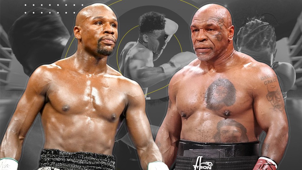A graphic showing Floyd Mayweather and Mike Tyson side-by-side