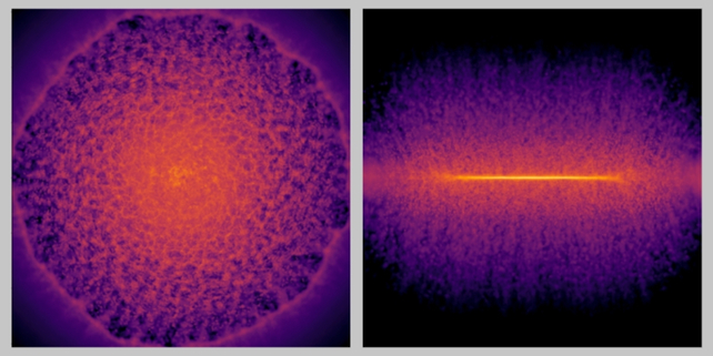 Head-on (left) and side-view (right) snapshots of a galactic disk of gas, appearing as bright purple, pink, and yellow