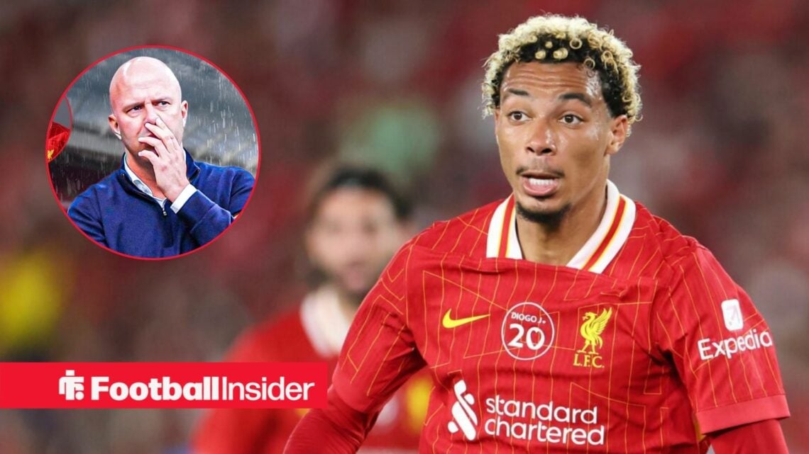 Hugo Ekitike in a red Liverpool kit and Arne Slot in inset