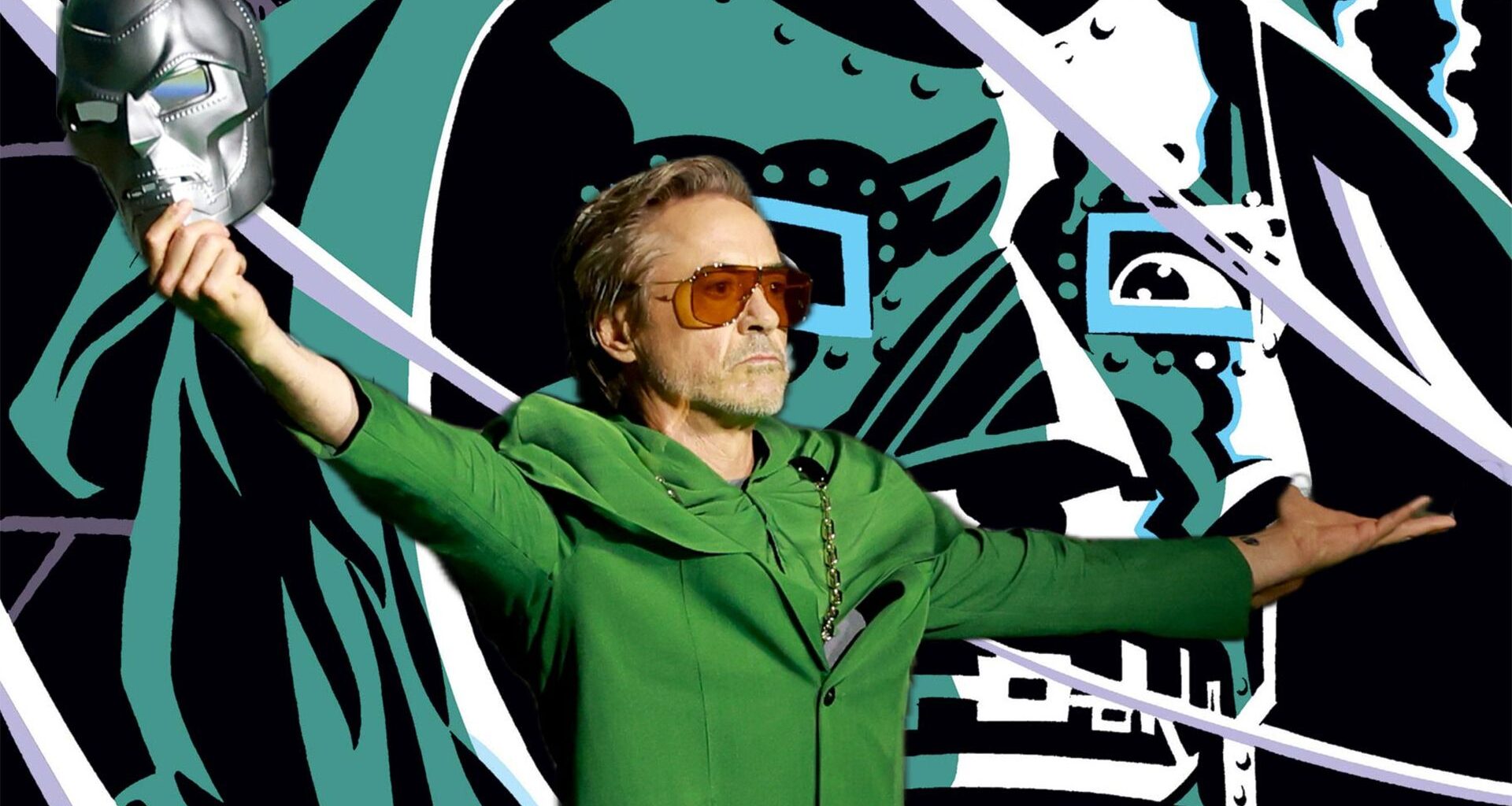 Robert Downey, Jr. brandishing a Doctor Doom mask at SDCC 2024, against the backdrop of Doom's face on the cover of West Coast Avengers #35