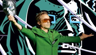 Robert Downey, Jr. brandishing a Doctor Doom mask at SDCC 2024, against the backdrop of Doom's face on the cover of West Coast Avengers #35