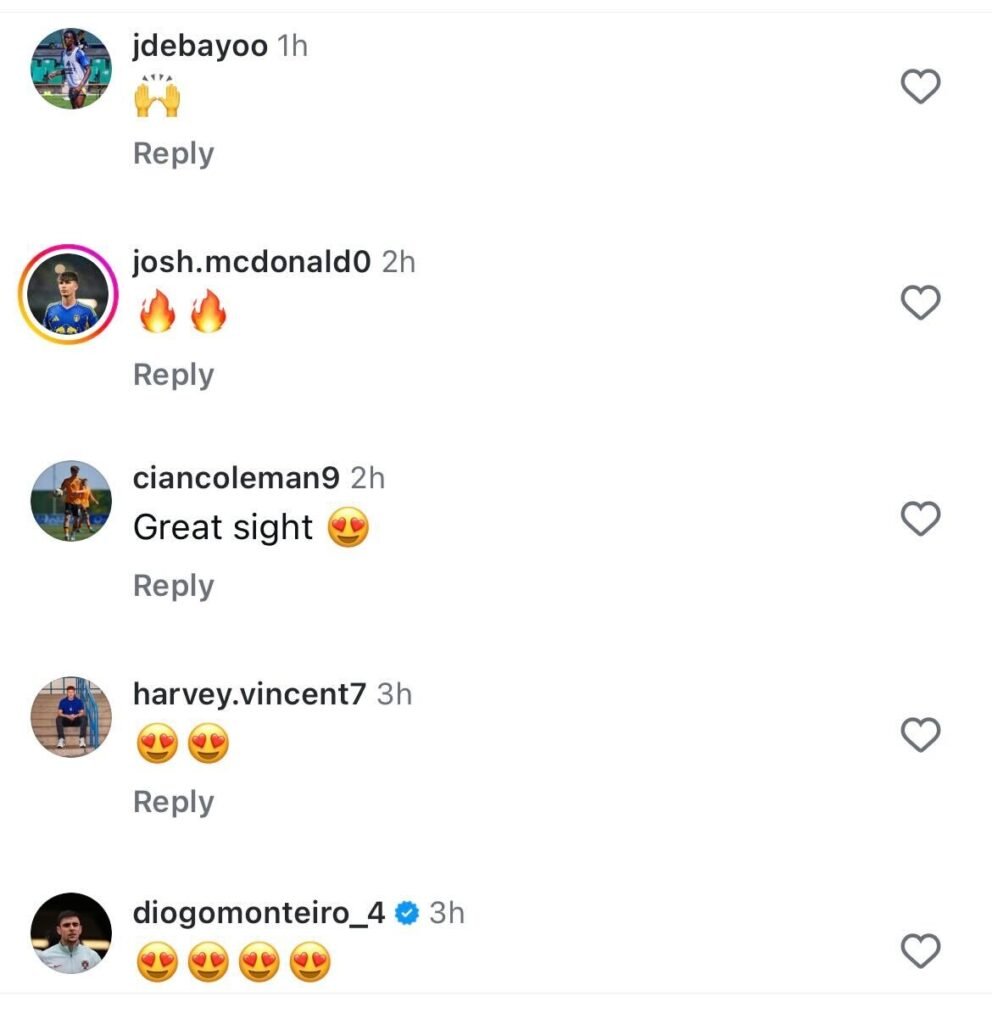 Screenshot of former Leeds players James Debayo, Cian Coleman and Diogo Monteiro commenting on Marley Wilson's Instagram.