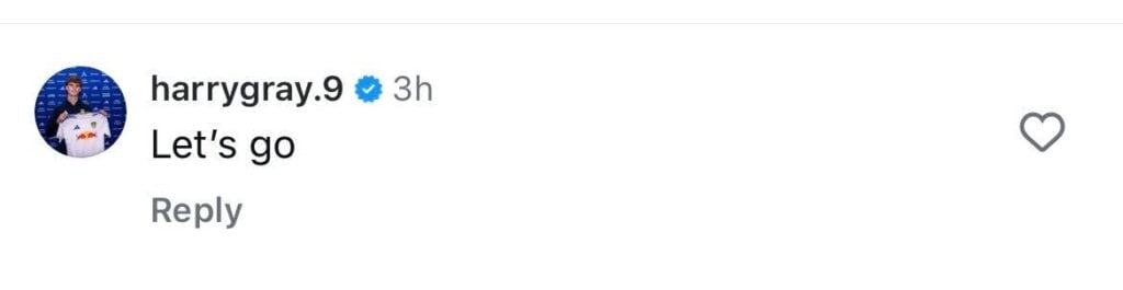 Screenshot of Harry Gray commenting on Leeds U21 teammate Marley Wilson's Instagram.