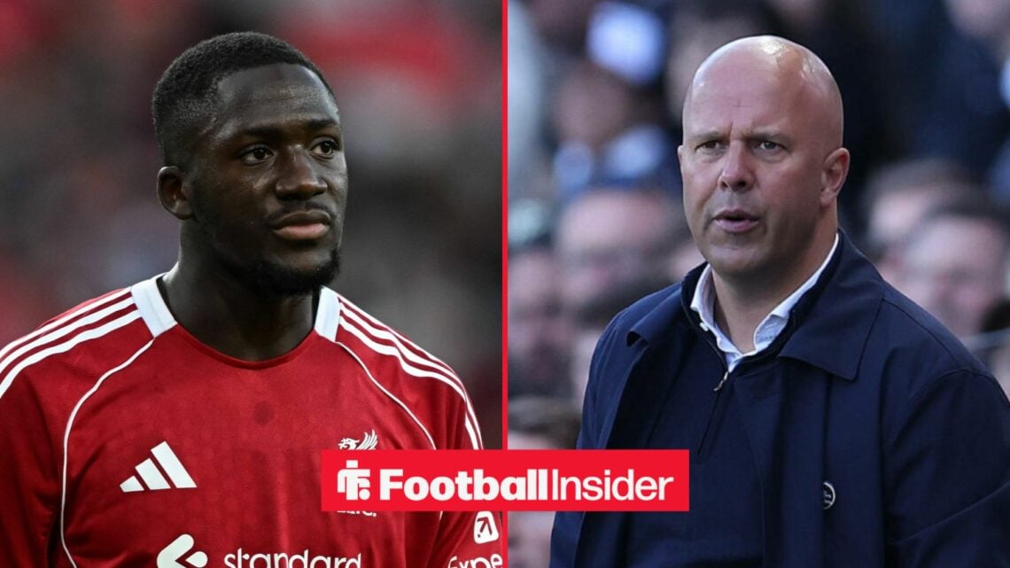 Ibrahima Konate in action for Liverpool, with Arne Slot on the sidelines