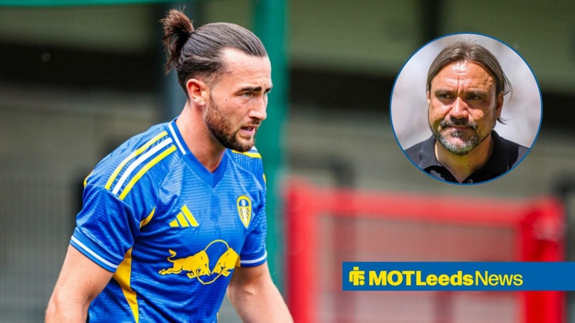Jack Harrison stares concernedly towards a circular inset, where Leeds United manager Daniel Farke meets his gaze.