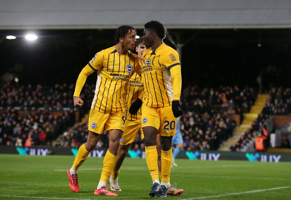 LONDON, ENGLAND - DECEMBER 5: Carlos Baleba of Brighton & Hove Albion goal celebration with Joao Pedro of Brighton & Hove Albion after scoring to make the score 1-1 during the Premier League match between Fulham FC and Brighton & Hove Albion FC at Craven Cottage on December 5, 2024 in London, England. (Photo by Crystal Pix/MB Media/Getty Images)