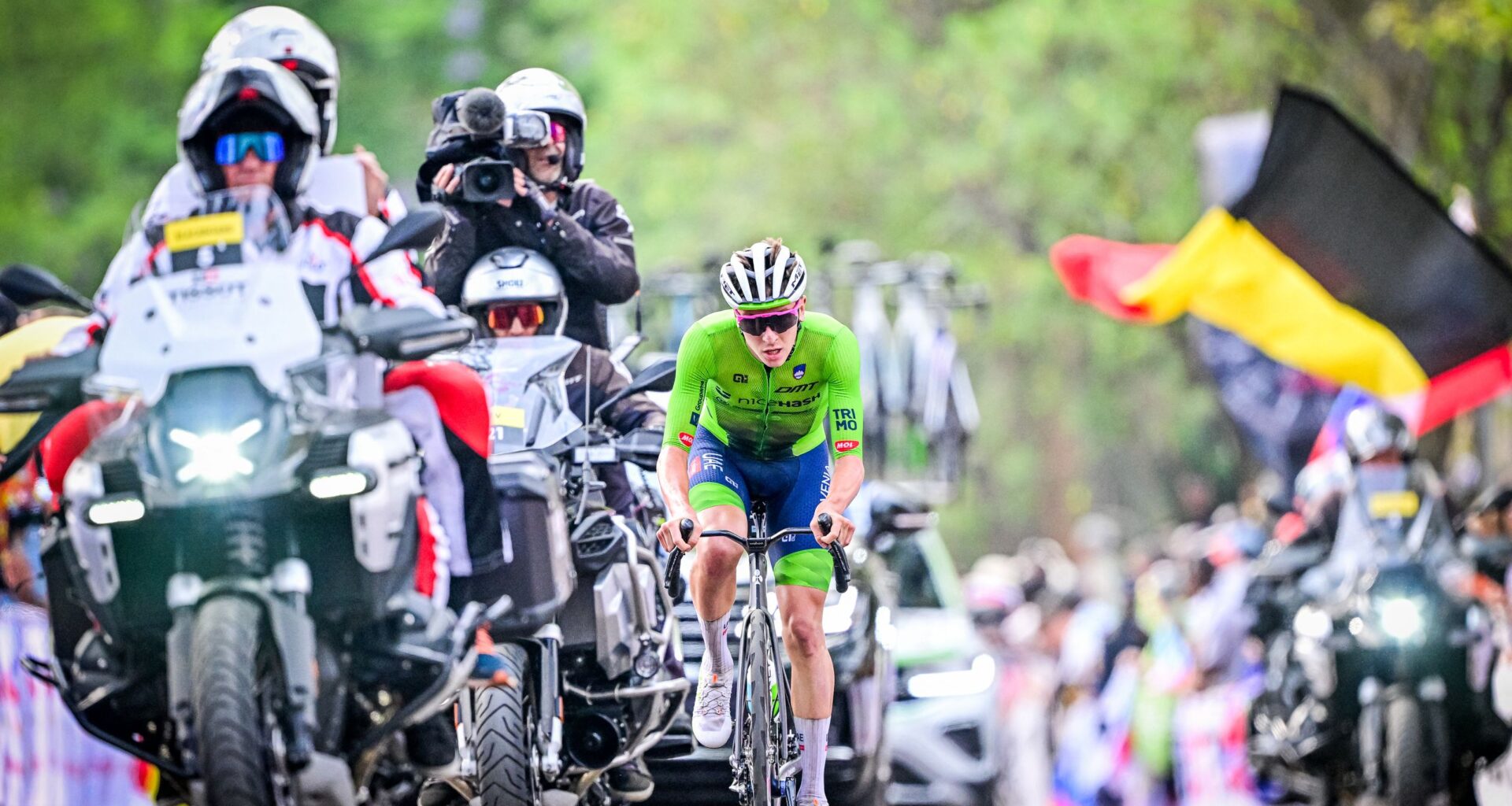 Slovenian Tadej Pogacar pictured in action during the elite men road race (267,5 km) at the cycling road World Championships in Kigali, Rwanda, Sunday 28 September 2025. The 2025 UCI Road World Championships take place from 21 to 28 September in Kigali, Rwanda. BELGA PHOTO DIRK WAEM (Photo by DIRK WAEM / BELGA MAG / Belga via AFP)