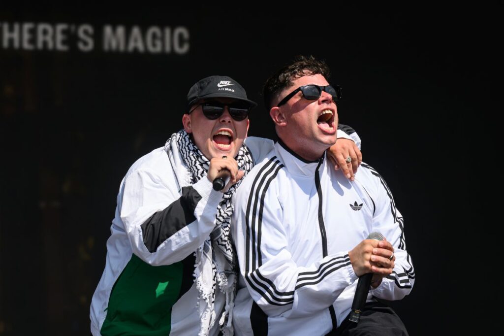 Kneecap performing live at Glastonbury Festival in 2025