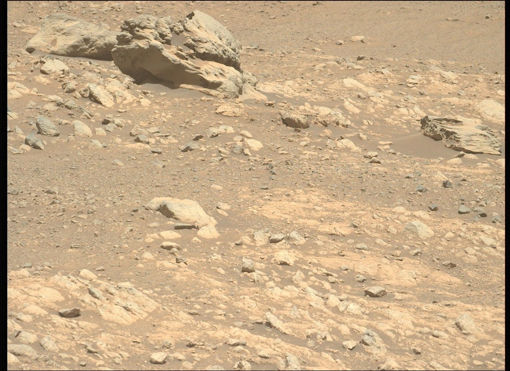 The rock ‘Phippsaksla’ is seen at the upper left of this photo from the Perseverance Mars rover’s camera