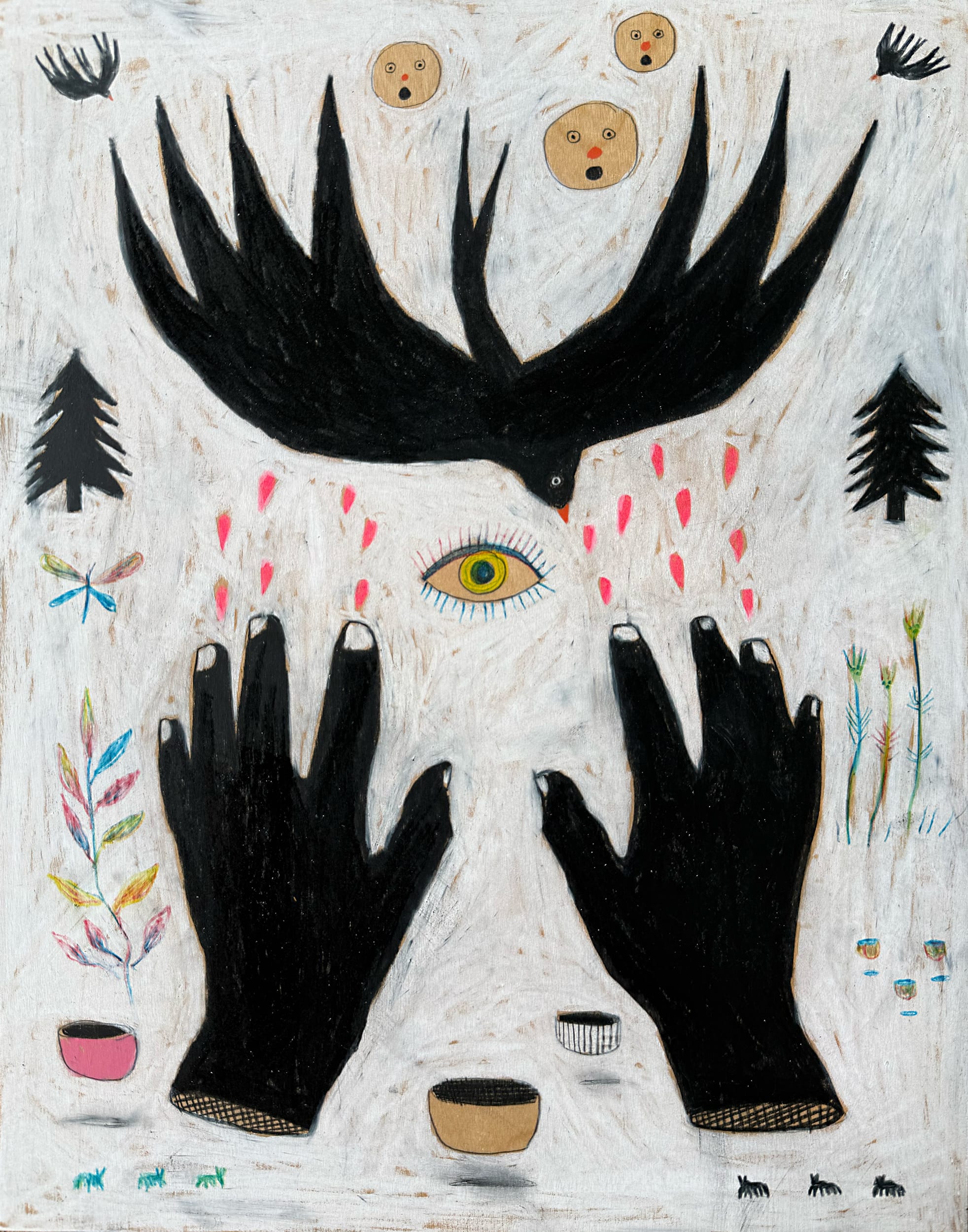 a piece by Michael McGrath with hands and a bird in the center, with smaller eyes and faces around