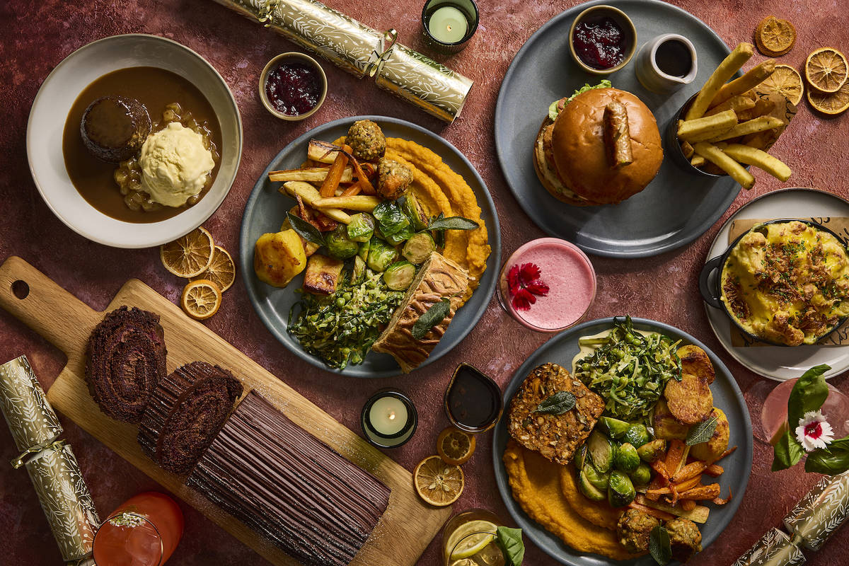 an array of festive christmassy themed vegetarian food arranged on a table