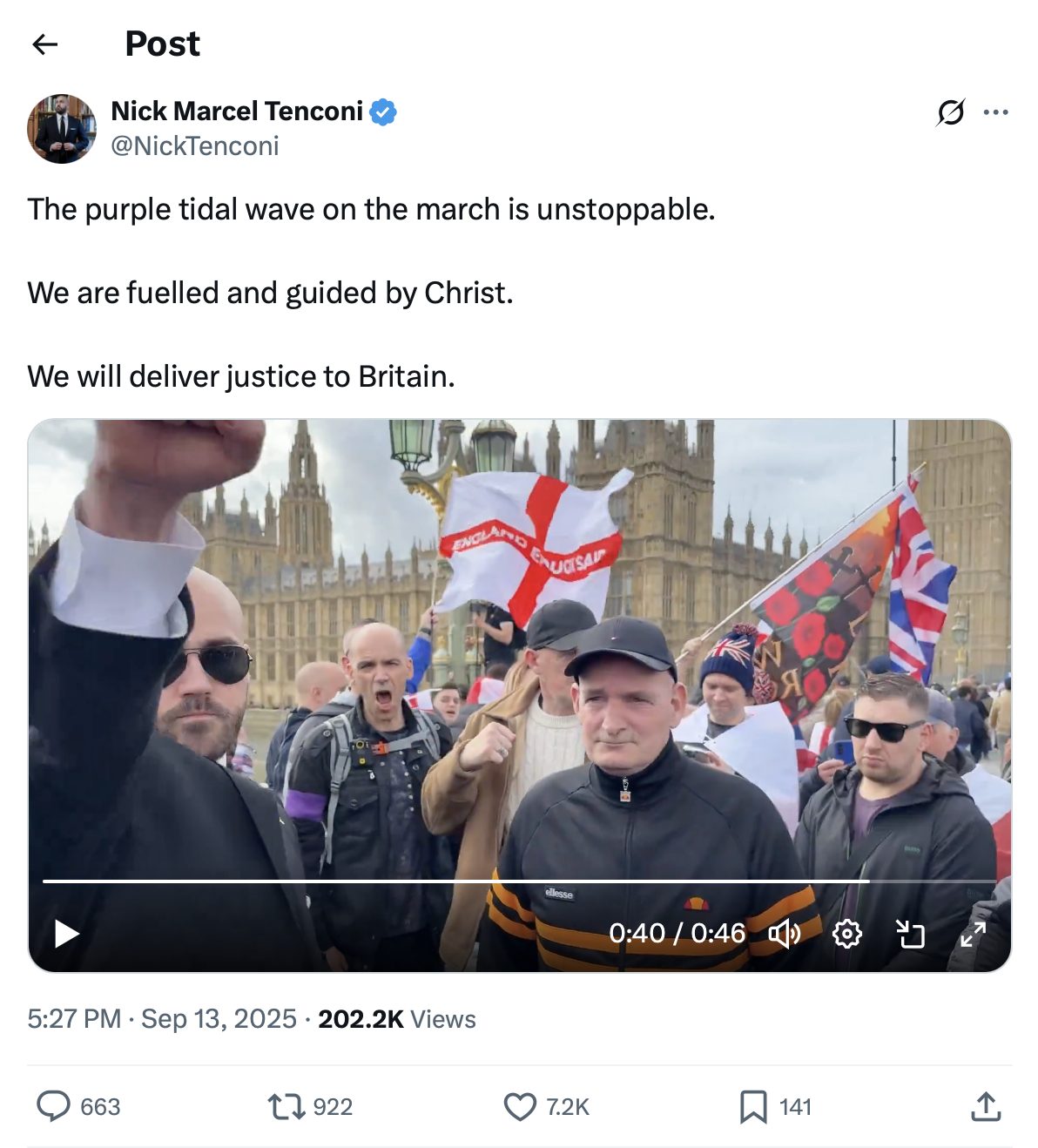 A screengrab from X shows a video Nick Tenconi shared on September 13, 2025. The image shows Nick Tenconi making a gesture similar to a Sieg Heil outside the Houses of Parliament with a crowd of supporters waving England flags. There have been 202,200 views.