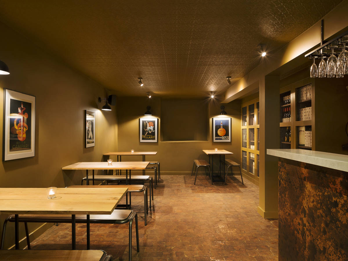 the interior of marcella restaurant, with soft brown hued decor and furnishings