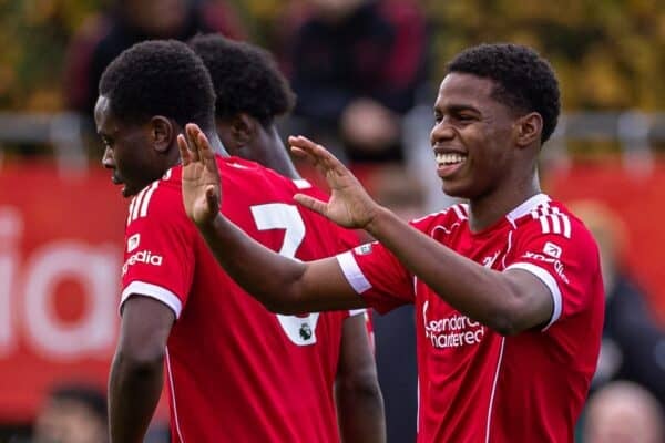 KIRKBY, ENGLAND - Saturday, November 1, 2025: Liverpool's Keyrol Figueroa celebrates after scoring the first goal during the Premier League 2 match between Liverpool FC Under-21's and Middlesbrough FC Under-21's at the Liverpool Academy. (Photo by David Rawcliffe/Propaganda)