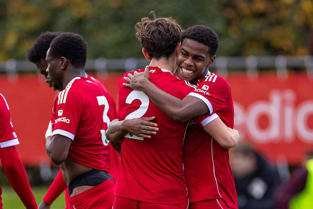 KIRKBY, ENGLAND - Saturday, November 1, 2025: Liverpool's Keyrol Figueroa celebrates after scoring the first goal during the Premier League 2 match between Liverpool FC Under-21's and Middlesbrough FC Under-21's at the Liverpool Academy. (Photo by David Rawcliffe/Propaganda)