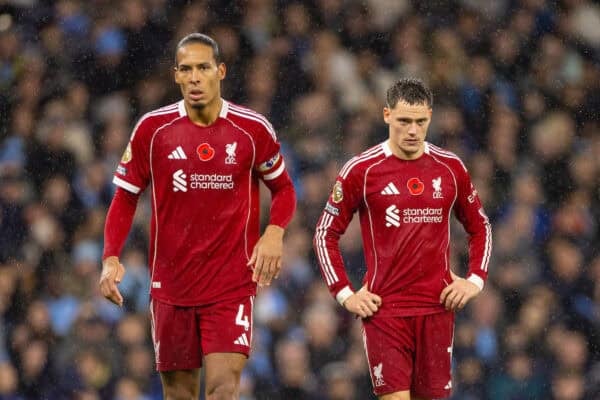 MANCHESTER, ENGLAND - Sunday, November 9, 2025: Liverpool's captain Virgil van Dijk (L) and Florian Wirtz during the FA Premier League match between Manchester City FC and Liverpool FC at the City of Manchester Stadium. (Photo by David Rawcliffe/Propaganda)