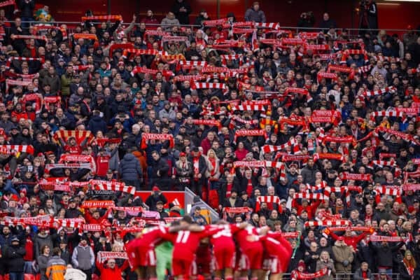 LIVERPOOL, ENGLAND - Saturday, November 22, 2025: Liverpool supporters singing "You'll Never Walk Alone" before the FA Premier League match between Liverpool FC and Nottingham Forest FC at Anfield. (Photo by David Rawcliffe/Propaganda)