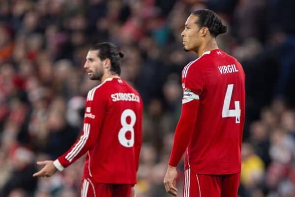 LIVERPOOL, ENGLAND - Saturday, November 22, 2025: Liverpool's captain Virgil van Dijk reacts to conceding the third goal during the FA Premier League match between Liverpool FC and Nottingham Forest FC at Anfield. (Photo by David Rawcliffe/Propaganda)