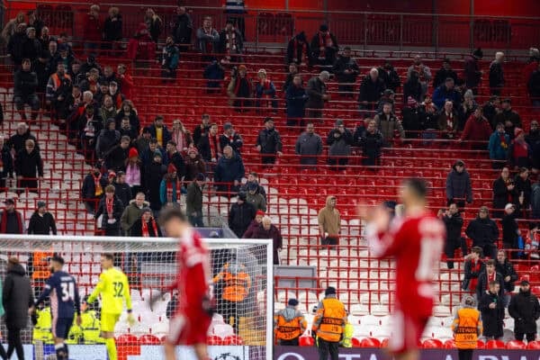 LIVERPOOL, ENGLAND - Wednesday, November 26, 2025: Liverpool supporters look dejected after the UEFA Champions League match between Liverpool FC and PSV Eindhoven at Anfield. (Photo by David Rawcliffe/Propaganda)