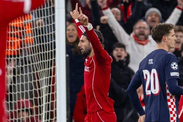 LIVERPOOL, ENGLAND - Wednesday, November 26, 2025: Liverpool's Dominik Szoboszlai celebrates after scoring his side first and equalising goal during the UEFA Champions League match between Liverpool FC and PSV Eindhoven at Anfield. (Photo by David Rawcliffe/Propaganda)