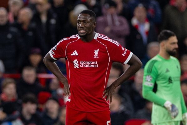 LIVERPOOL, ENGLAND - Wednesday, November 26, 2025: Liverpool's Ibrahima Konaté reacts to conceeding their team's secong goal during the UEFA Champions League match between Liverpool FC and PSV Eindhoven at Anfield. (Photo by David Rawcliffe/Propaganda)