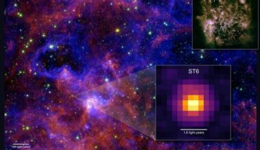 A blue and red cloud in space with spots for stars with two box outs on the right, the top one showing a green and brown molecule and the bottom showing a pixelated target shape with purple and yellow colors