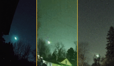 Three screenshots taken by three videos of the green fireball meteor.